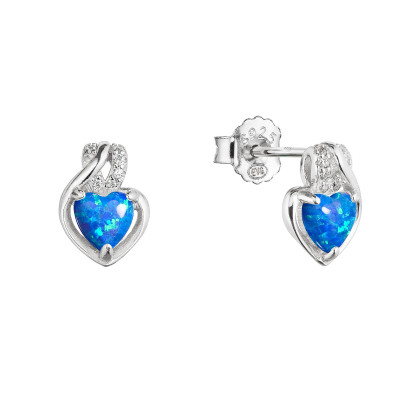 Stříbrné náušnice srdce z modrého syntetického opálu a zirkony 11469.3 white