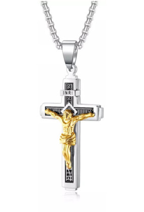 Ocelový náhrdelník zlatý kříž SEGX1626GD