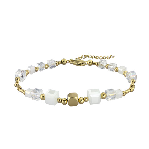 Zlatý ocelový náramek se skleněnými korálky BSS814GDWH