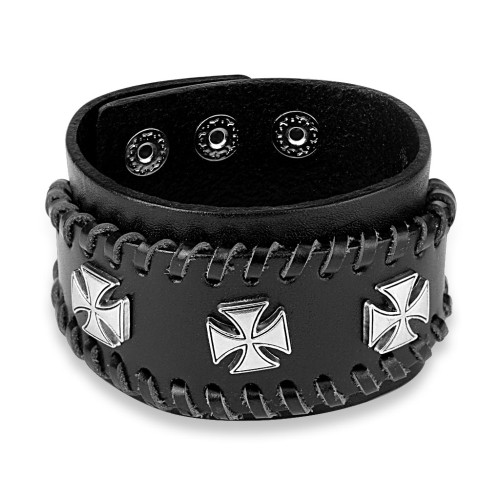 Kožený náramek s kovovými kříži SESL0212-BK