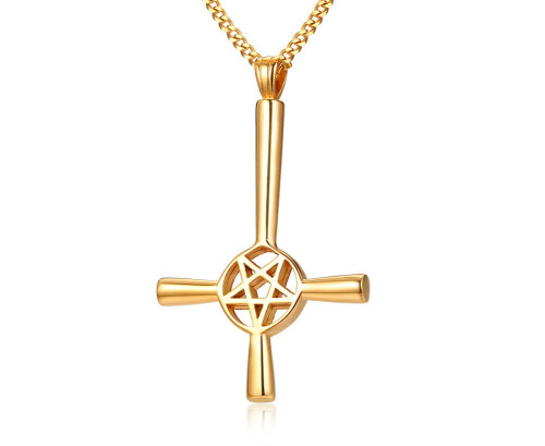 Ocelový zlatý přívěsek satanský kříž JCFPN1127GD